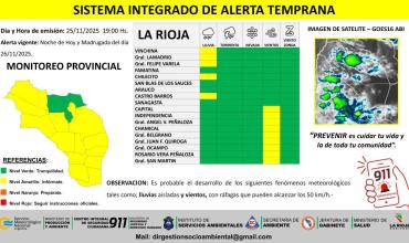 Difunden alerta amarilla por lluvias, tormentas y vientos en gran parte de La Rioja para este martes y miércoles 