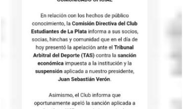 Estudiantes de La Plata apeló al TAS por las sanciones