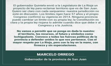 Discusión por los límites entre San Juan y La Rioja : Marcelo Orrego se plantó ante Ricardo Quintela y llamó a defender unidos el territorio sanjuanino