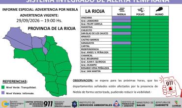 Alerta por niebla: cinco departamentos de La Rioja tendrán reducción de visibilidad