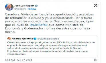 José Luis Espert arremetió contra Ricardo Quintela: "Caradura, vivís de arriba de la coparticipación"