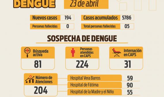 Se reportaron 194 nuevos casos de dengue en la provincia, lo que hace un total de 5786 casos acumulados;