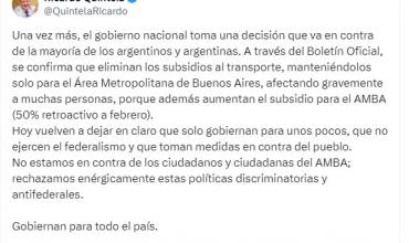 Ricardo Quintela contra el gobierno nacional: “solo gobiernan para unos pocos, no ejercen el federalismo y toman medidas en contra del pueblo”