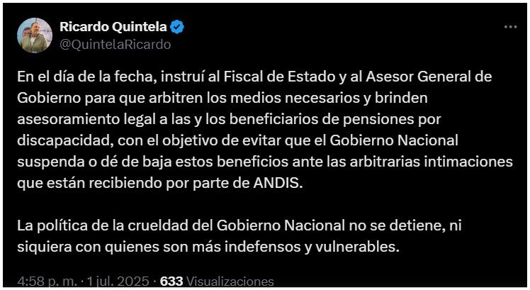 Quintela instruyó asistencia legal para personas con discapacidad: "La política de la crueldad no se detiene"