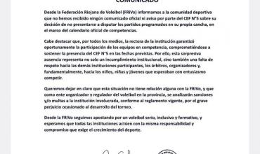 La Federación Riojana de Vóley apuntó al CEF N°5 por no presentarse a competir