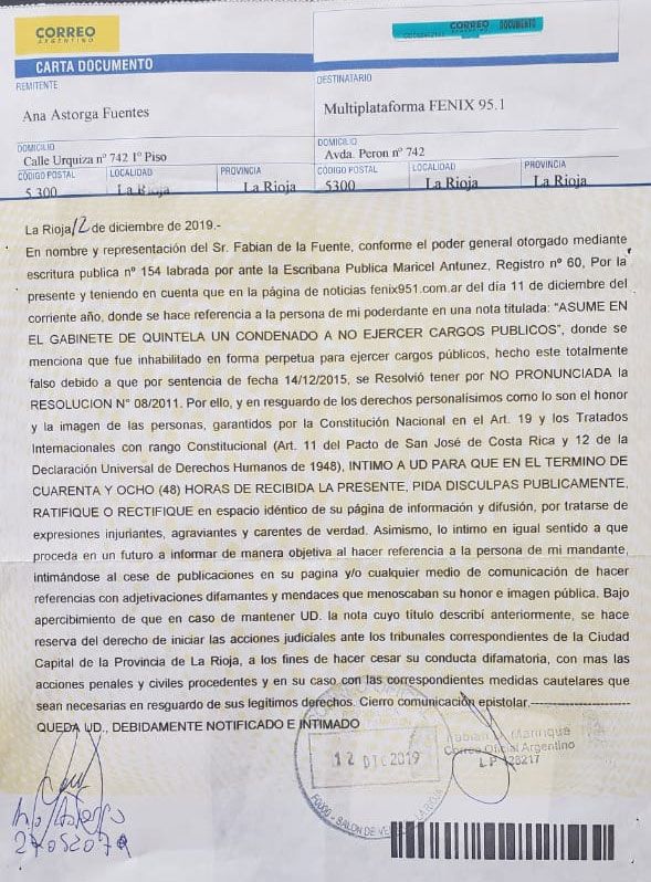 Fabián de la Fuente intimó a Fénix con carta documento y el medio le  respondió