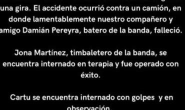 Tragedia en Salta: murió el baterista de una banda de cumbia y el cantante permanece en estado crítico