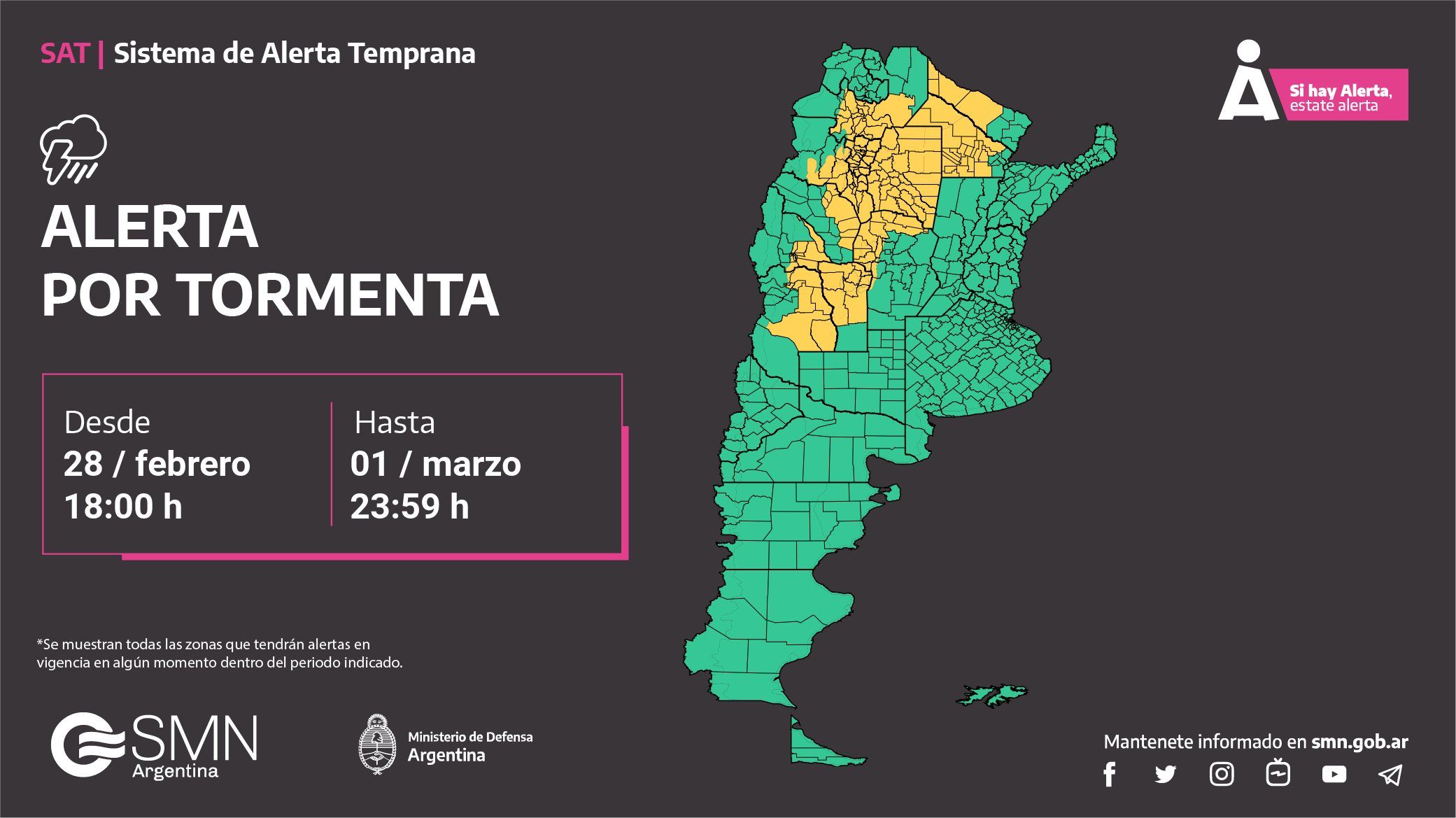 Alerta amarilla por tormentas para cuatro departamentos de la provincia