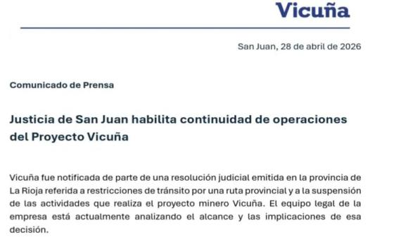 Vicuña obtuvo en San Juan una cautelar que garantiza la continuidad del proyecto minero y desafía el bloqueo judicial dictado en La Rioja