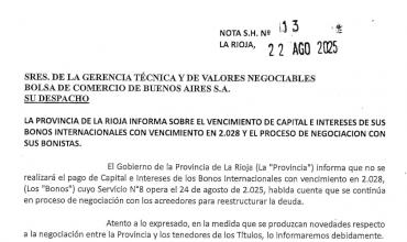 La Rioja vuelve a entrar en default y no pagará su próximo vencimiento de deuda